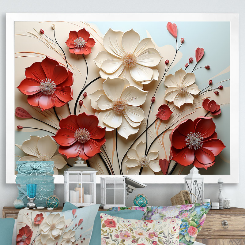 Rouge et blanc cramoisi fleur s Étreinte - art mural fleur, H 16 po x l 32 po, Cadre photo unique, Blanc