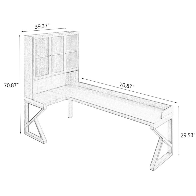 Bureau en L Burlywood avec verre en L et bois massif, H 70,87 po x l 70,87 po x P 39,37 po, Retour à gauche