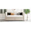 Lit de jour simple rembourré beige avec tiroirs, structure en lattes de bois stables, rangement confortable, structure solide, mobilier de chambre moderne