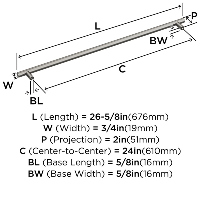 Poignées de barre centre à centre, Métal industriel, 1, 24" Appliance Pull