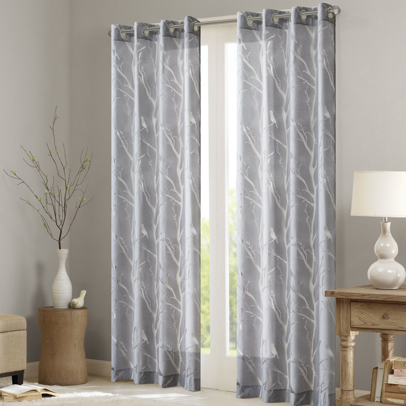 Silver Sheer Bird Design Grommet Window Curtain Panel