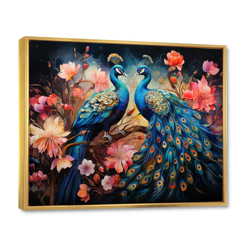 «Blue Coral Indian Art Dancing Peac II» - Art mural indien, H 16 po x l 32 po x P 1 po, Cadre flottant doré