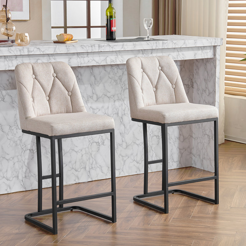Ensemble de 2 tabourets de bar rembourrés modernes avec dossier capitonné, chaise à hauteur de comptoir avec structure en métal robuste, siège rembourré confortable pour la cuisine, le bar ou la salle à manger