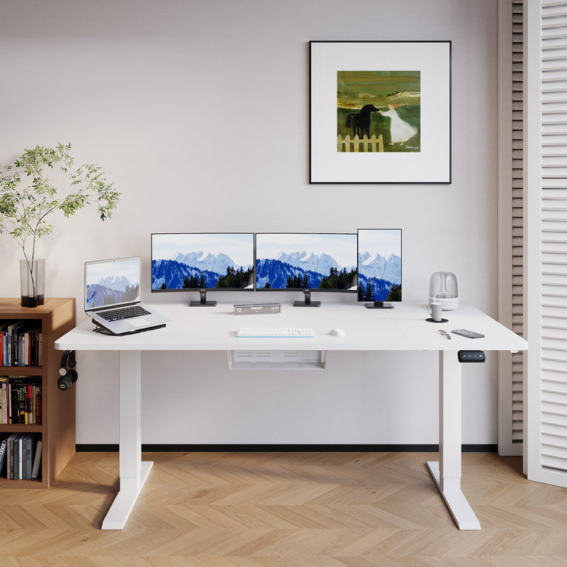 Electric T-Shape Height Adjustable Standing Desk, White, 180cm W x 80cm D
