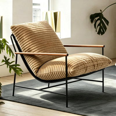 Fauteuil d'appoint confortable, fauteuil de lecture surdimensionné en velours côtelé avec coussin profond, velours côtelé 400 g/m² et tissu Oxford 700D, accoudoirs en bois, structure en métal, fauteuil rembourré pour salon