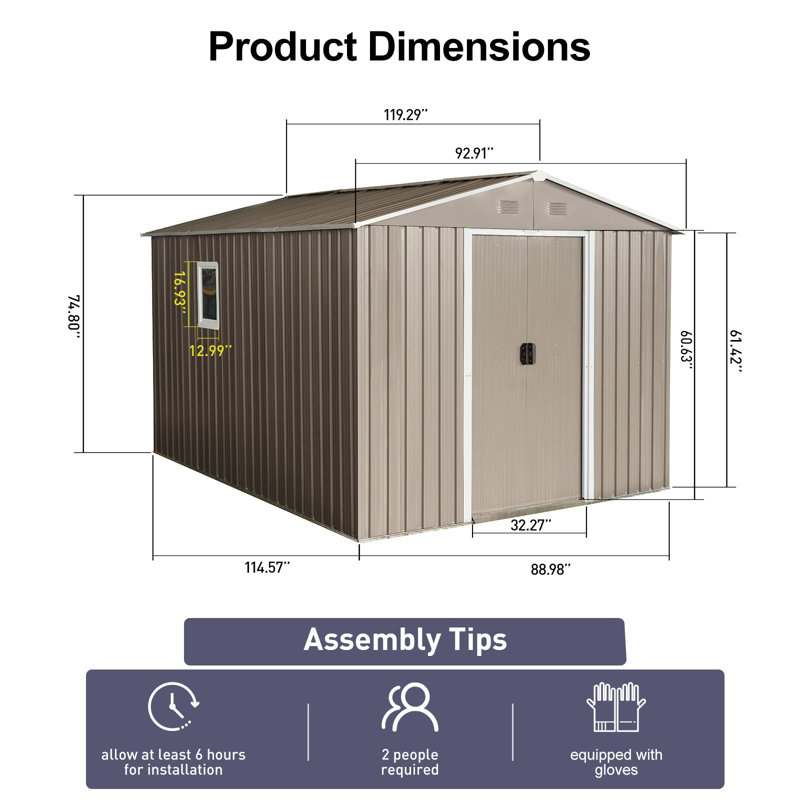 8Ft X 10Ft Outdoor Metal Storage Shed With Metal Foundation,With Window,Grey, Gray, 74.8" H x 88.98" W x 114.57" D