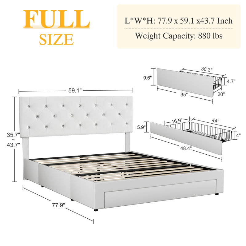 Modern PU Leather Storage Full Size Bed Frame with Adjustable Tufted Headboard, White, Full