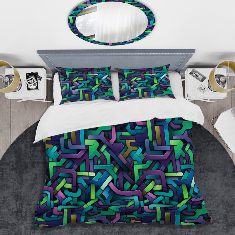 Literie verte et mauve Groovy Grid Adventure, Housse de couette pour très grand lit et 2 très