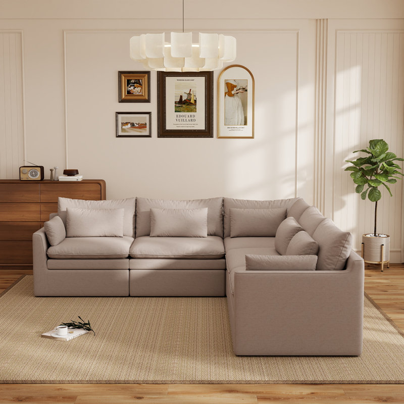 Canapé modulaire en coin 5 pièces en forme de V avec coussin double épaisseur, Khaki Polyester Blend