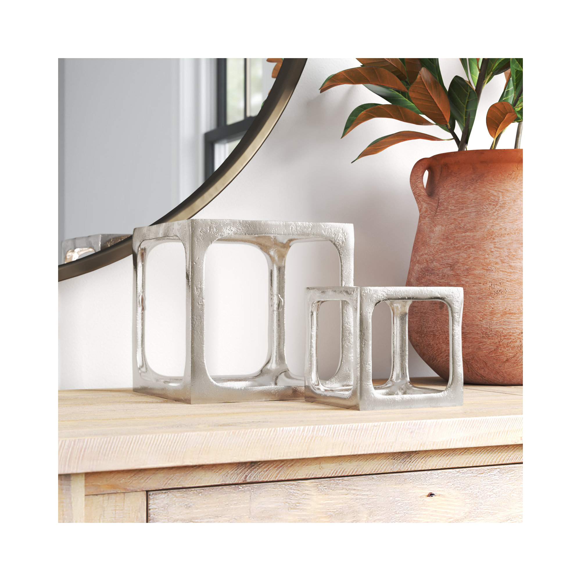 Latte Set of 2 Cubist Sculptures, Silver
