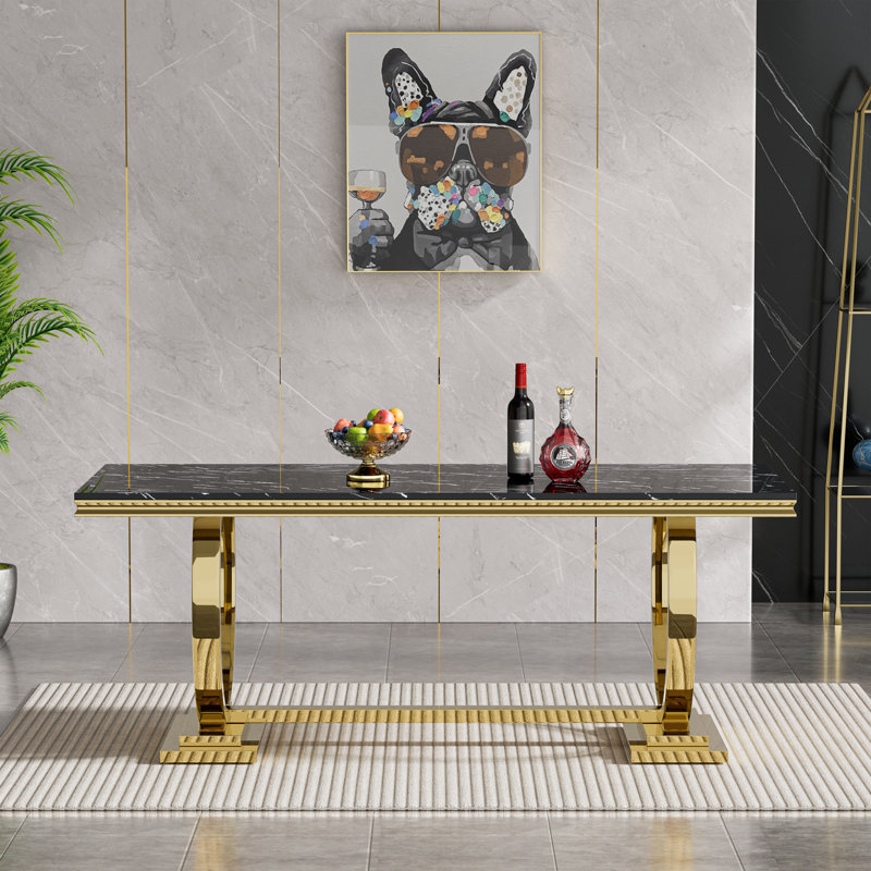 68" Marble Dining Table, Luxurious Marble Table Dining with Printed Faux Marble Tabletop and O-Shape Stainless Steel Pedestal, Modern Kitchen Dining Room Table for 8