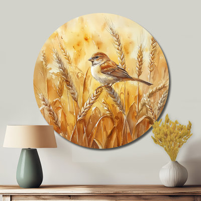 House Sparrow Bird In The Field II - Art mural rond en métal, reproduction d'art moderne en métal brun