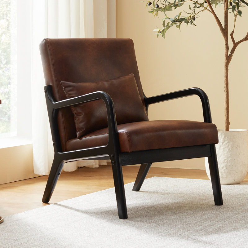 PU Leather Armchair With Solid Wood Legs And A Cushion（Set Of 2）, Brown