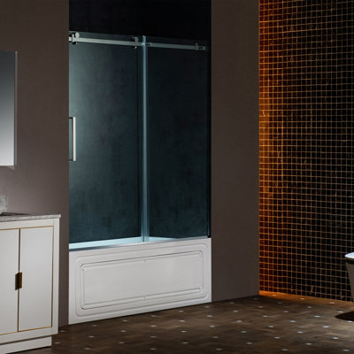 Portes de douche coulissantes simples sans cadre, l 56-60 po x H 62 po, avec verre trempé transparent 5/16 po et film antidéflagrant