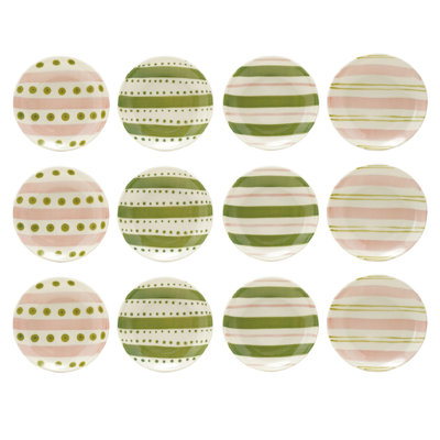 Round Hand-Painted Stoneware Dishes With Striped Pattern