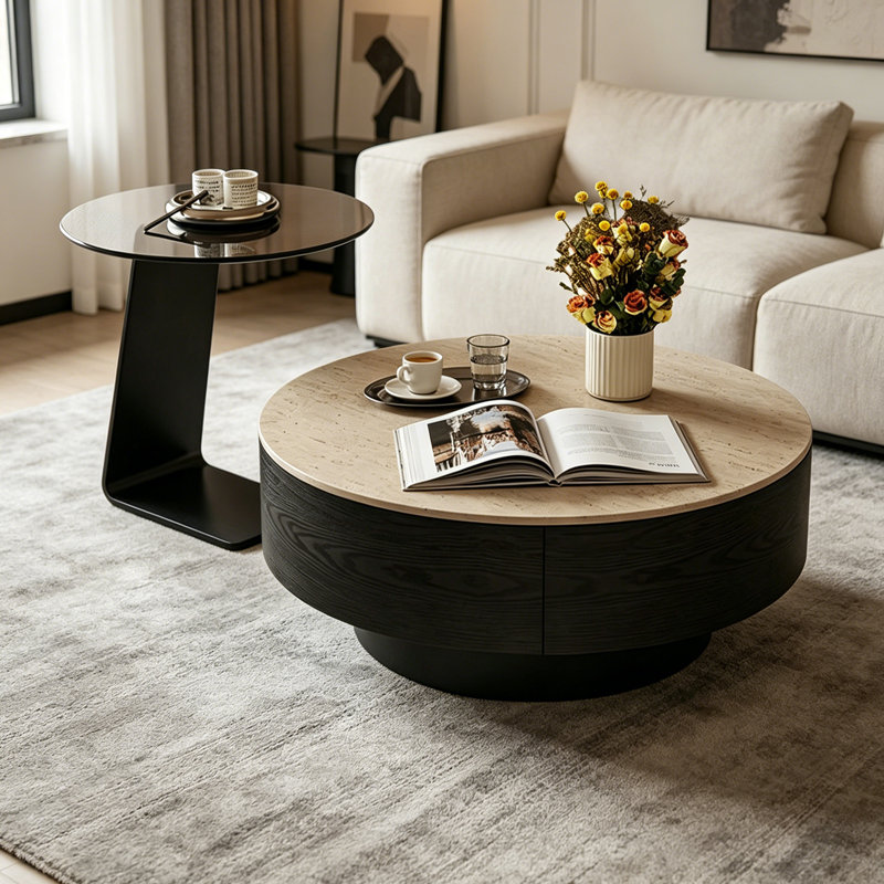 Table basse French French Premium, 13" H x 27.55" W x 27.55 D, Beige/Gray/Black