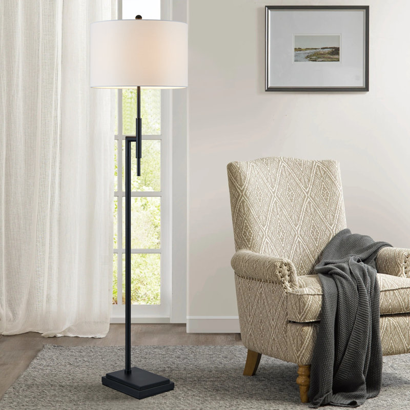 64.6" Black Arc Floor Lamp With Fabric Drum Shade