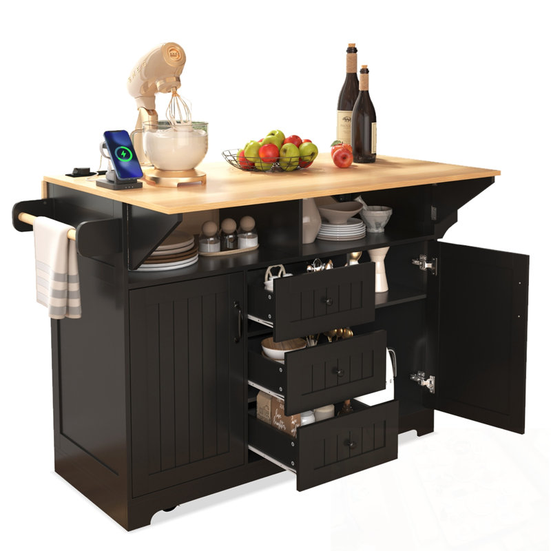 Kitchen Island With 2 Drop Leaf, Power Outlet, Spice & Towel Rack And 3 Drawers, Black