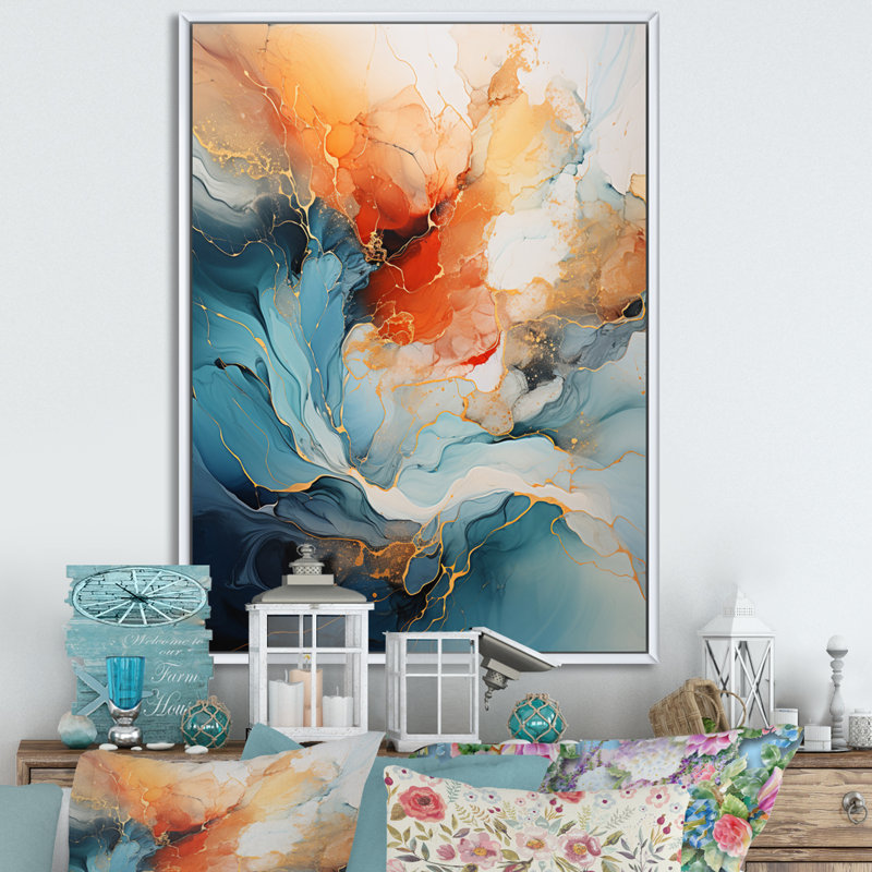 Teal Orange Bold Abstract Flow Collage II - Dams, impressions encadrées, Cadre photo unique, H 32 po x l 16 po, Blanc