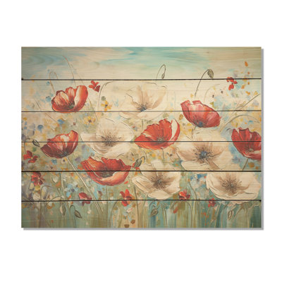 «Red Poppies Blossoming I», art mural en bois sur fond de bois de pin naturel