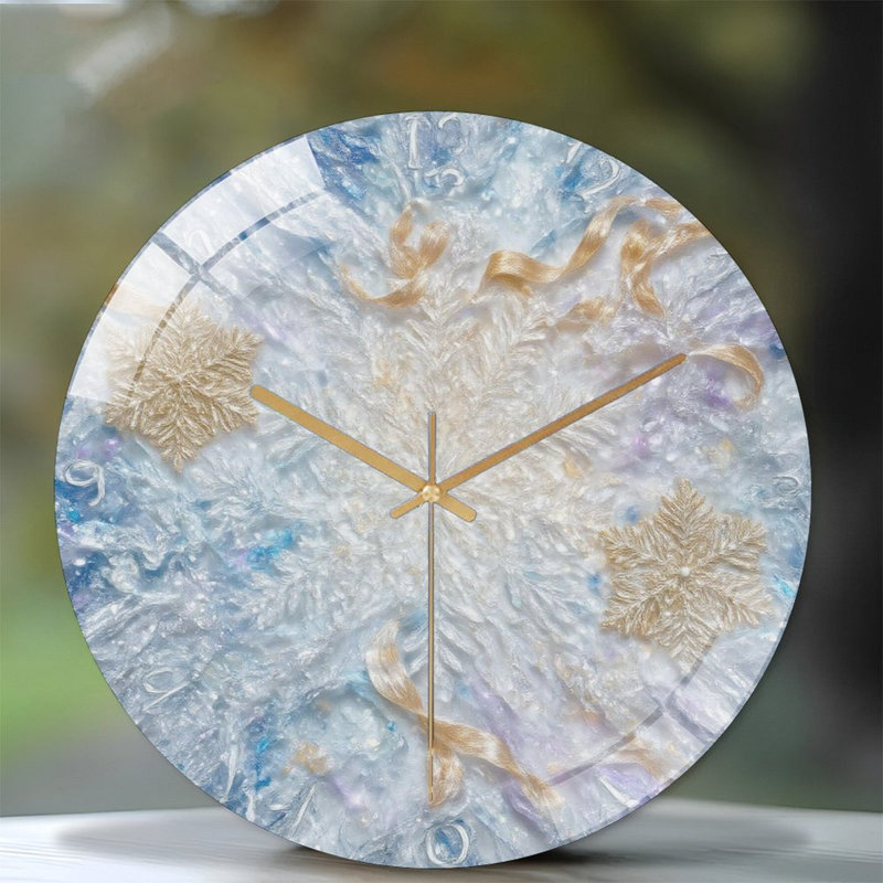 Clock-Face-Snowflakes-Gold-Ribbons Art - 12'' Modern Glass Wall Clock