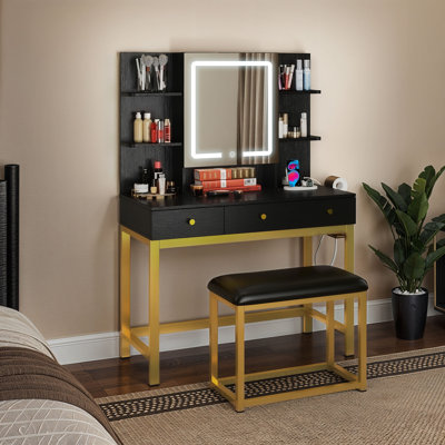 LED Makeup Table Vanity Desk Stool Set with USB Power Outlets and Storage Drawers & Shelves