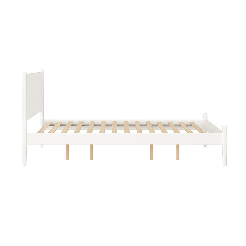 Lit grand format Mid-Century blanc, bois massif +, sans sommier, lit plateforme simple à assembler avec tête de lit haute, lattes, ressort