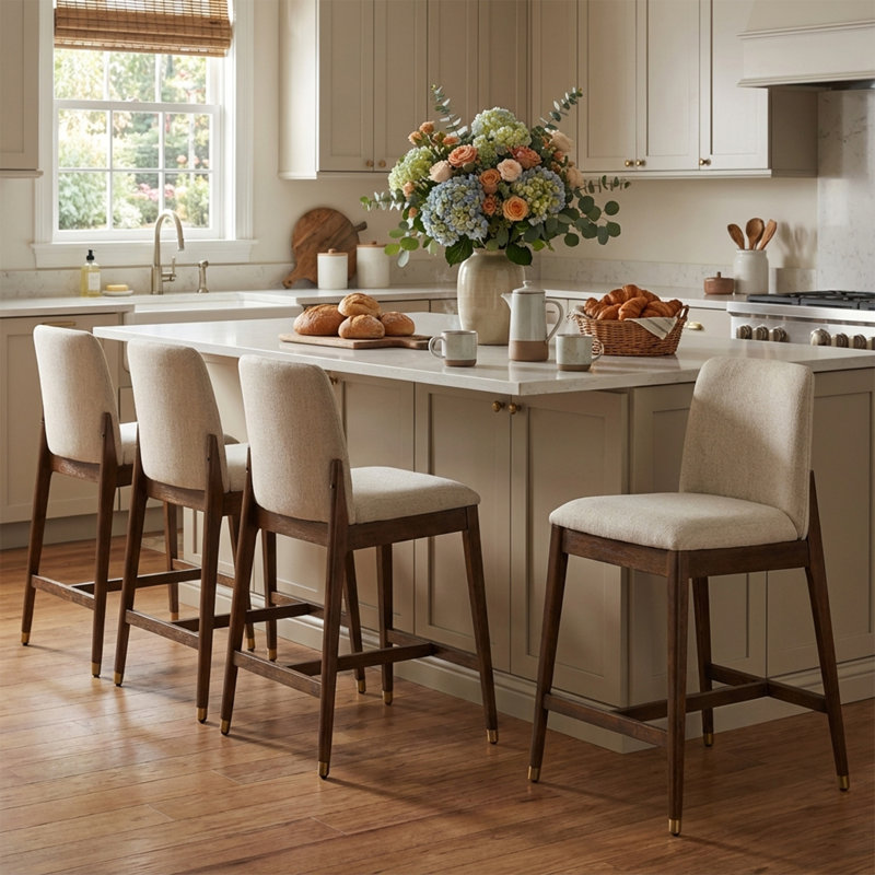 Tabouret de comptoir rembourré Nolan, Siège beige / structure en noyer, 2