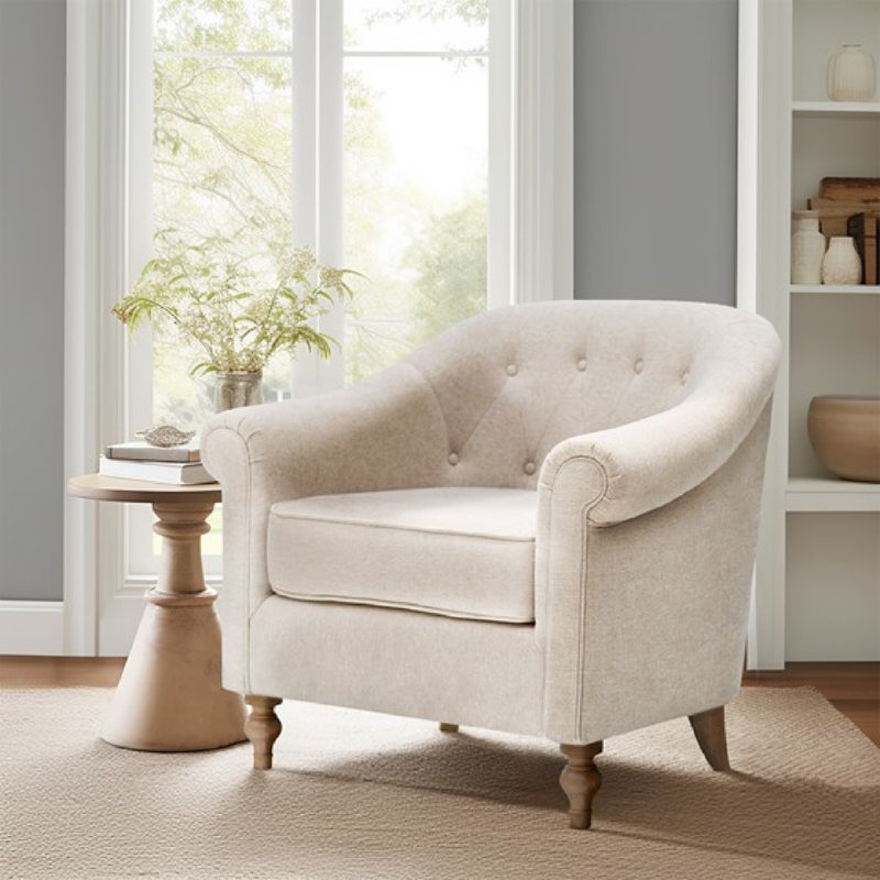 Beige Microfiber Barrel Accent Chair with Wood Legs