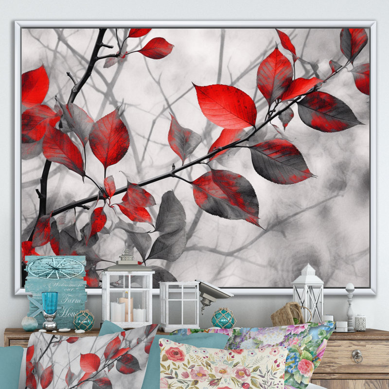 «Red Grey Leaves On Tree IV», reproduction d'art sur toile, H 16 po x l 32 po x P 1 po, Cadre flottant blanc