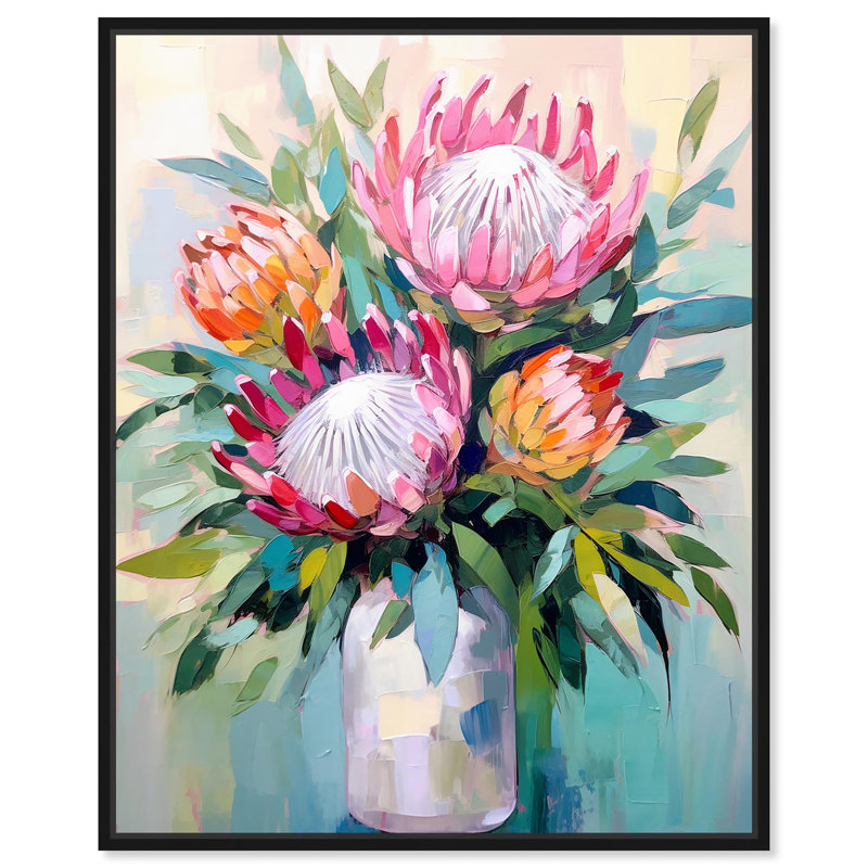 Art mural floral peint sur toile avec bouquet peint, Cadre noir, H 21 po x l 17 po