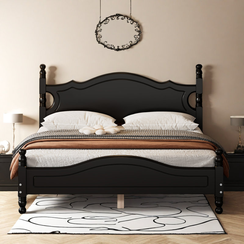 Lit plateforme moderne en bois massif rustique avec support de lattes durable, Noir, Grand lit
