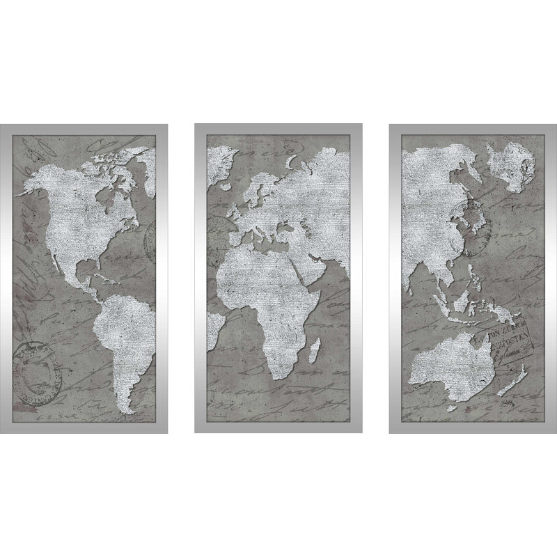 «World Map On Script», reproduction sur acrylique 3 pièces, H 25,5 po x l 40,5 po x P 1 po