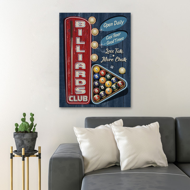 «Billiards Balls - Open Daily Cool Beer Good Times», reproduction d'art graphique sur toile tendue