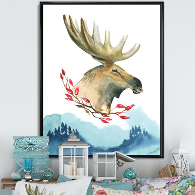 Grand Moose In Winter Mountain - reproduction d'art sur toile traditionnelle