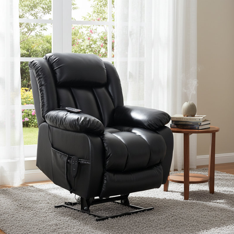 Genuine Leather Power Lift Recliner Chair With Massage And Heat, 350 Lbs Weight Capacity, Dual Motor, Black