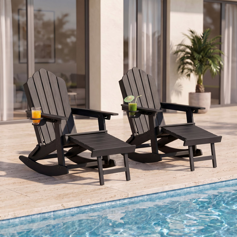 Chaise berçante pliante en PEHD Adirondack avec repose-pieds, porte-gobelet et base amovible, Black