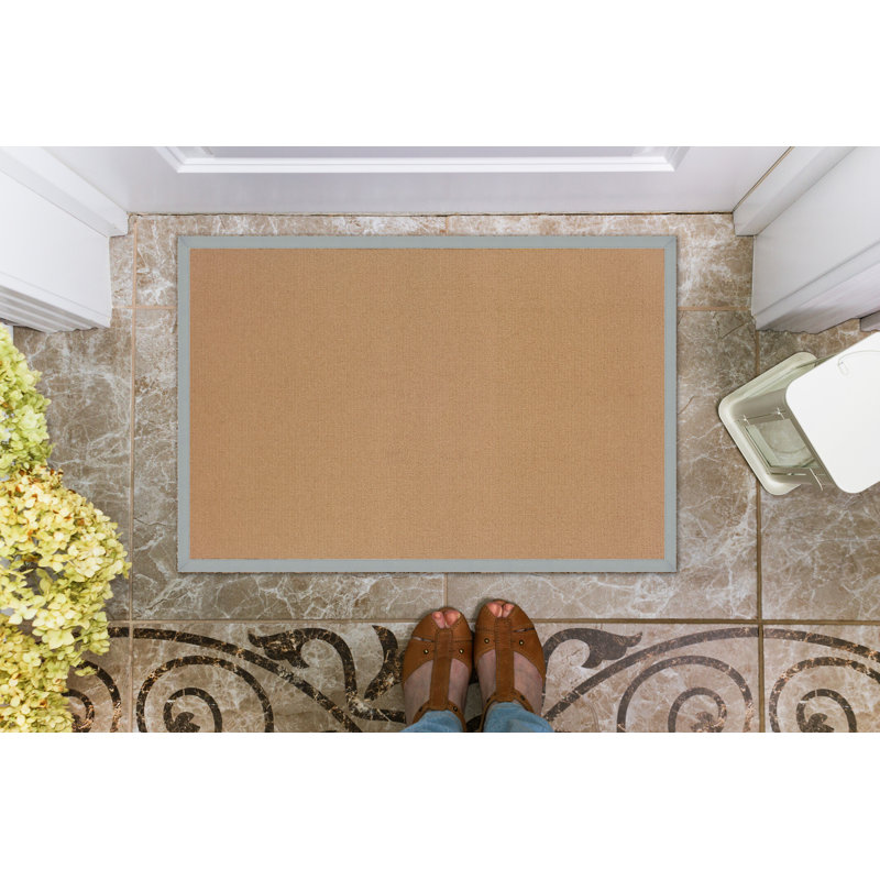 Nannette Handmade Dark Beige Berber with Ice Blue Cotton Border Made in the USA Area Rug, Rectangle 1'10" x 2'10"