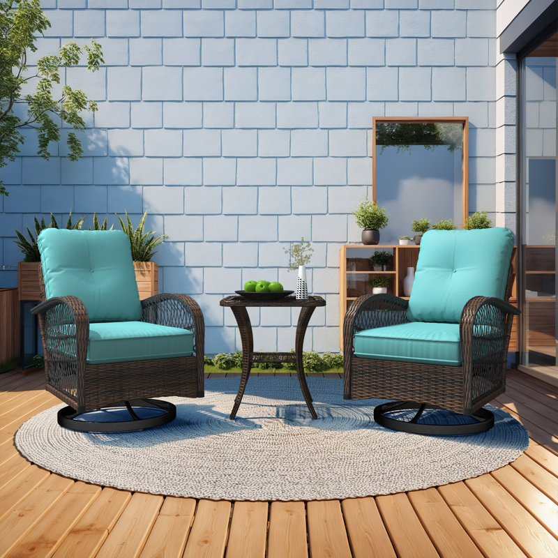 Outdoor Swivel Rocker Bistro Set - 3 Piece Wicker Patio Set With 2 Swivel Rocking Chairs, Cushions, And Tempered Glass Side Table, Perfect For Porch, Garden, Backyard, Poolside