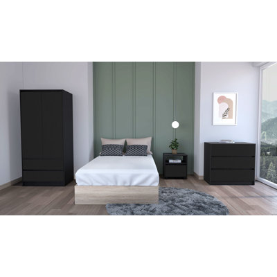 Ensemble de chambre à coucher 3 pièces, table de chevet + commode + armoire