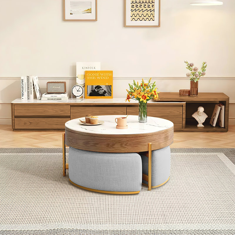 Modern Round Faux Marble Lift-Top Coffee Table Set with Stools and Storage