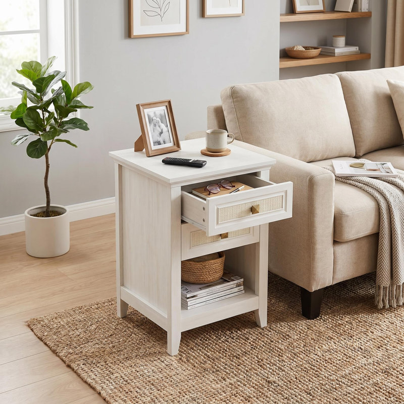 Ensemble de 2 tables de chevet en rotin de 17,5 po de large avec 2 tiroirs, tables de bout hautes 26,8 po pour petits espaces