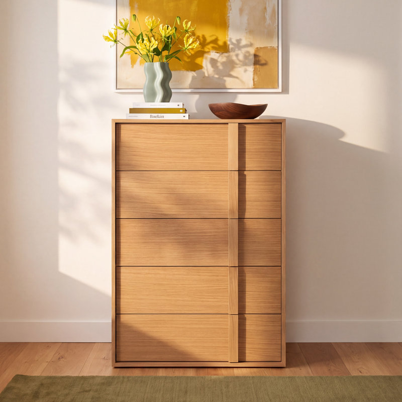 Alvarez 36" W Solid Wood 5-Drawer Dresser, Oak