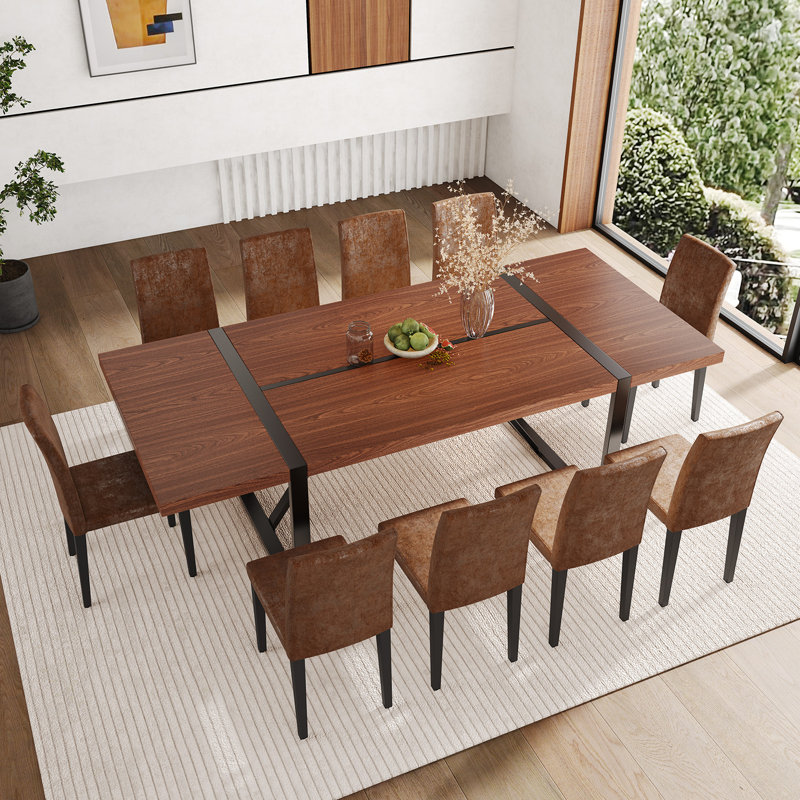 Ensemble de table de salle à manger en bois 87 po avec chaise rembourrée en cuir PU, 11 pièces: table, 10 chaises, Noyer