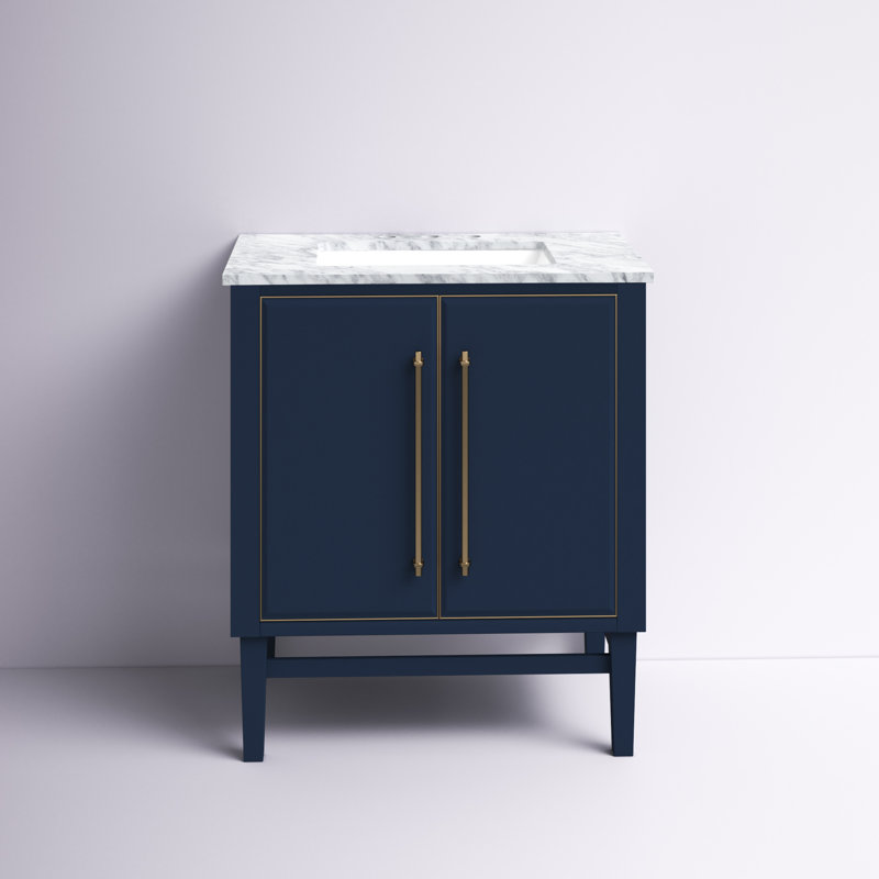 Ewen 31" W Single Bathroom Vanity with Carrara Marble Top, Carrara White, Matte Gold, Navy Blue