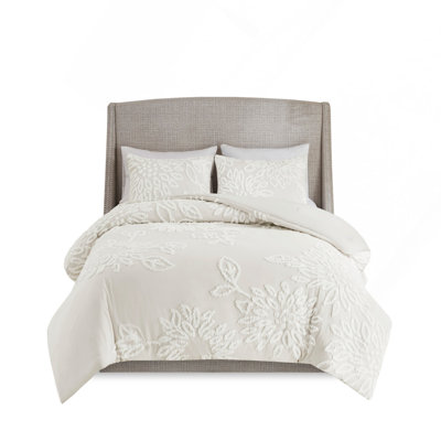 3-Piece Comforter Set King/Cal King / Cal King / King Size, Tufted Cotton Chenille Floral, Off-White, King/Cal King, Shabby Chic & Hypoallergenic