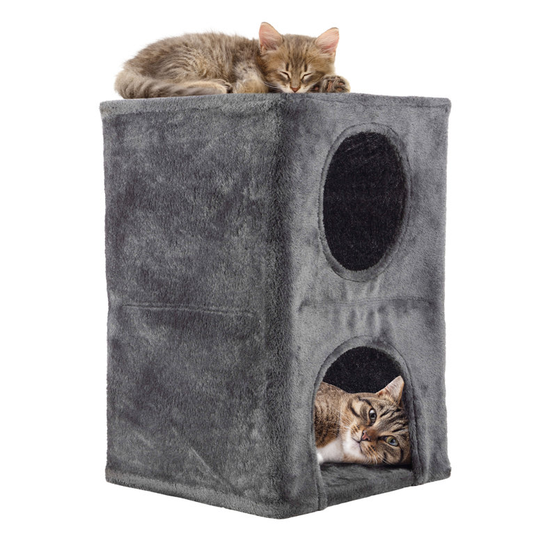 Habitation pour chat à 2 étages pour l'intérieur - lit double pour chat 15,75 po x 23,75 po avec surface recouverte de peluche douce et confortable - cachette pour lit de chaton facile à assembler (gris)