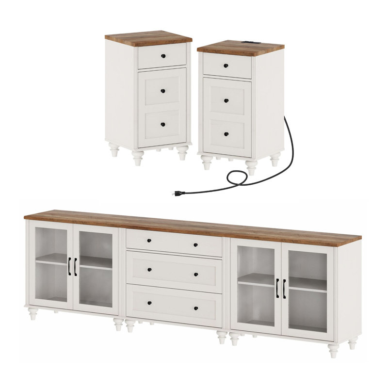 Ensemble de table de salon Farmhouse, meuble télé 101 po et deux tables de bout, Blanc