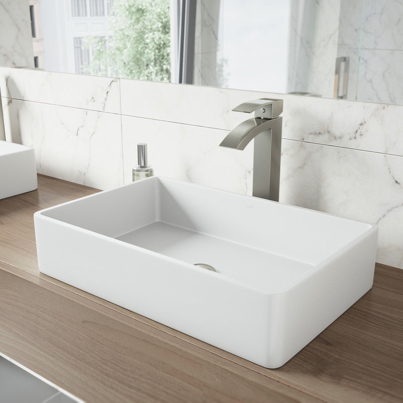 Magnolia 21" L x 14" W x 5" H Rectangular White Matte Stone Vessel Bathroom Sink with 12" H Faucet, Brushed Nickel