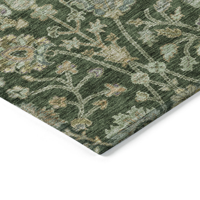 Green Floral Pattern Machine Washable Indoor Outdoor Rug